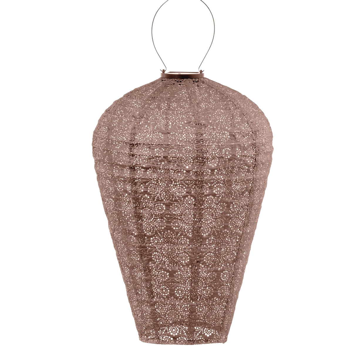 Lumiz Hanging solar Lantern in 35cm Balloon Shape. Lovely Mocha olour with Fiore design pattern. Made from weather resistant tyvek material at Cerise