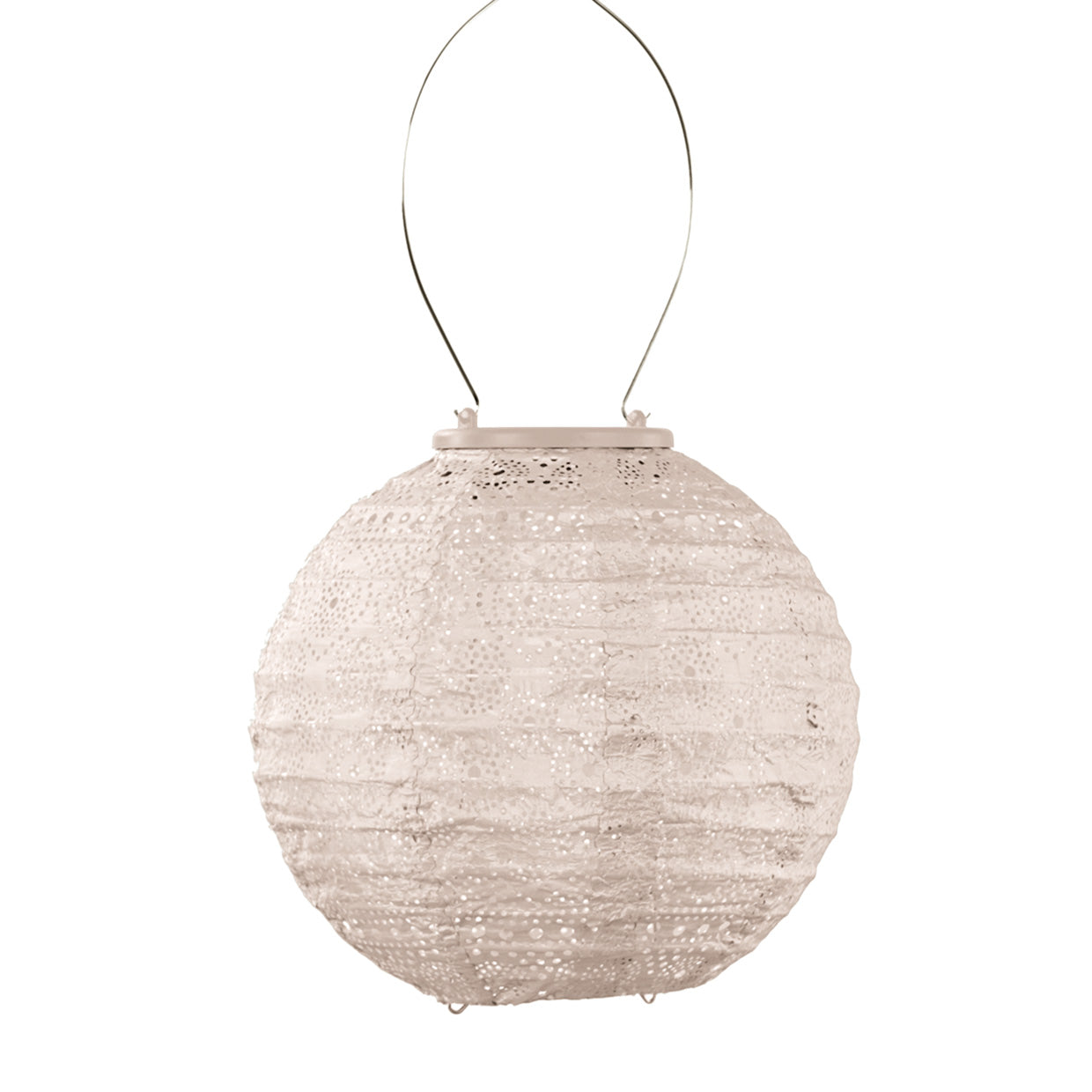 Lumiz solar lantern in a soft blush colour.  Simple round shape, measures 20cm and has a spectare pattern on the tyvek to filter light when it glows at night at Cerise