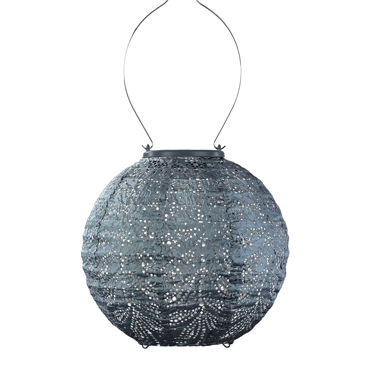 Hanging Lumiz Solar lantern 20cm in grey blue with folia pattern. Made from hard wearing weather resistant tyvek material at Cerise