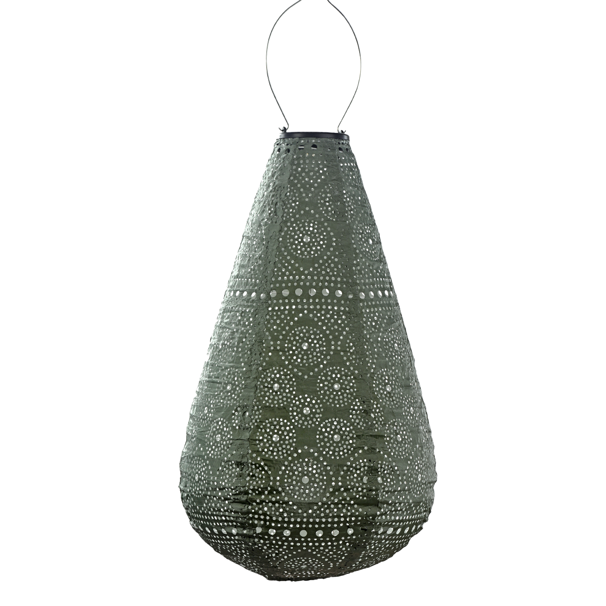 Hanging Lumiz Solar Lantern in popular sage green colour with spectare pattern. 28cm Drop style with wire to hang from a tree or a hook at Cerise.