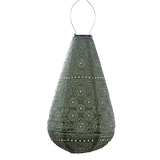 Hanging Lumiz Solar Lantern in popular sage green colour with spectare pattern. 28cm Drop style with wire to hang from a tree or a hook at Cerise.