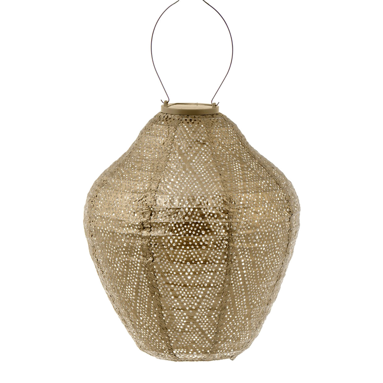 Hanging Lumiz Solar Lantern in Tyvek material for outdoors. shown in Gold colour jar style with intricate detail of the ikat pattern at Cerise.