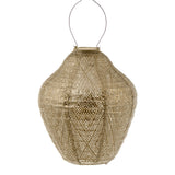 Hanging Lumiz Solar Lantern in Tyvek material for outdoors. shown in Gold colour jar style with intricate detail of the ikat pattern at Cerise.