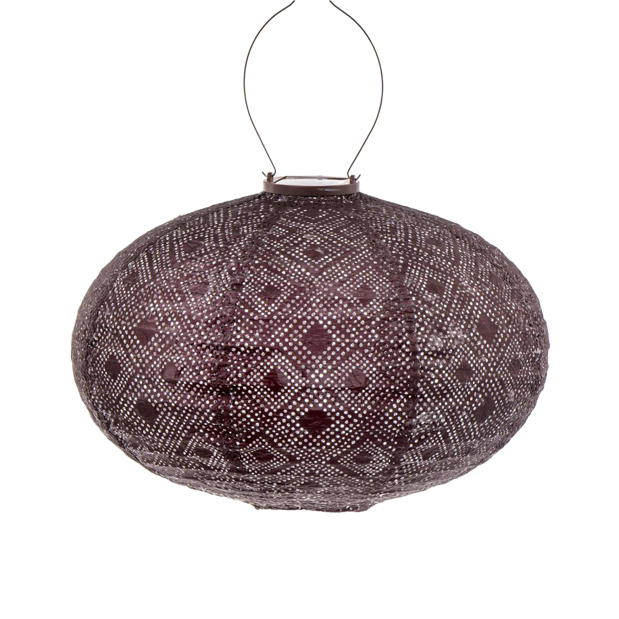 Hanging Lumiz solar lantern in an oval shape and made of plum coloured tyvek material.  Features a stunning mosaic pattern creating a gorgeous silhouette on the ground as dusk falls at Cerise