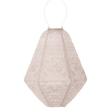 Lumiz hanging solar lantern in tyvek material. Shown in a can shape and soft blush colour with an intricate marrakesh design at Cerise