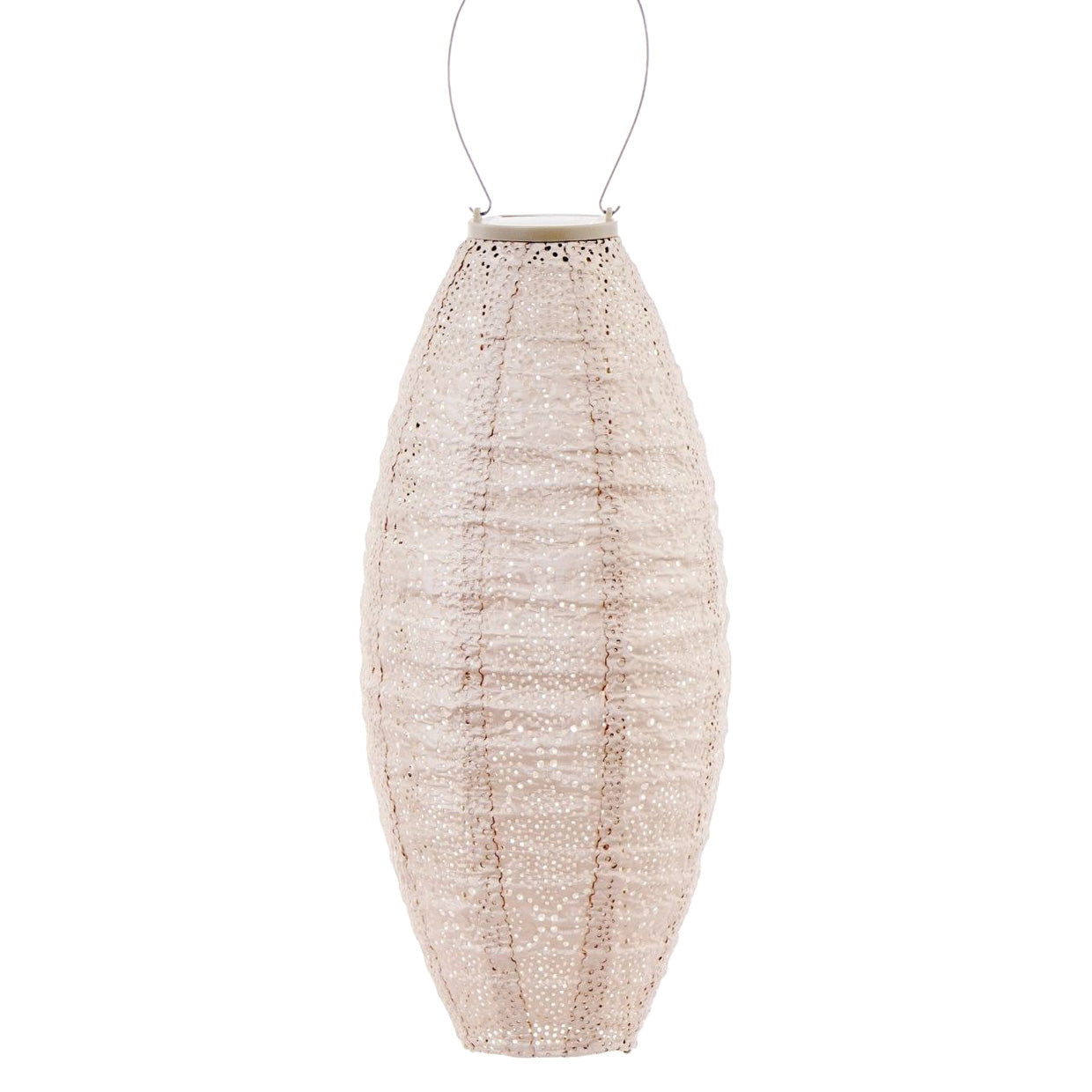 Lumiz Solar Lantern in a stunning long oval shape. Measures 28cm and is shown in a soft blush colour and the bazaar patter for stunning ight play at Cerise
