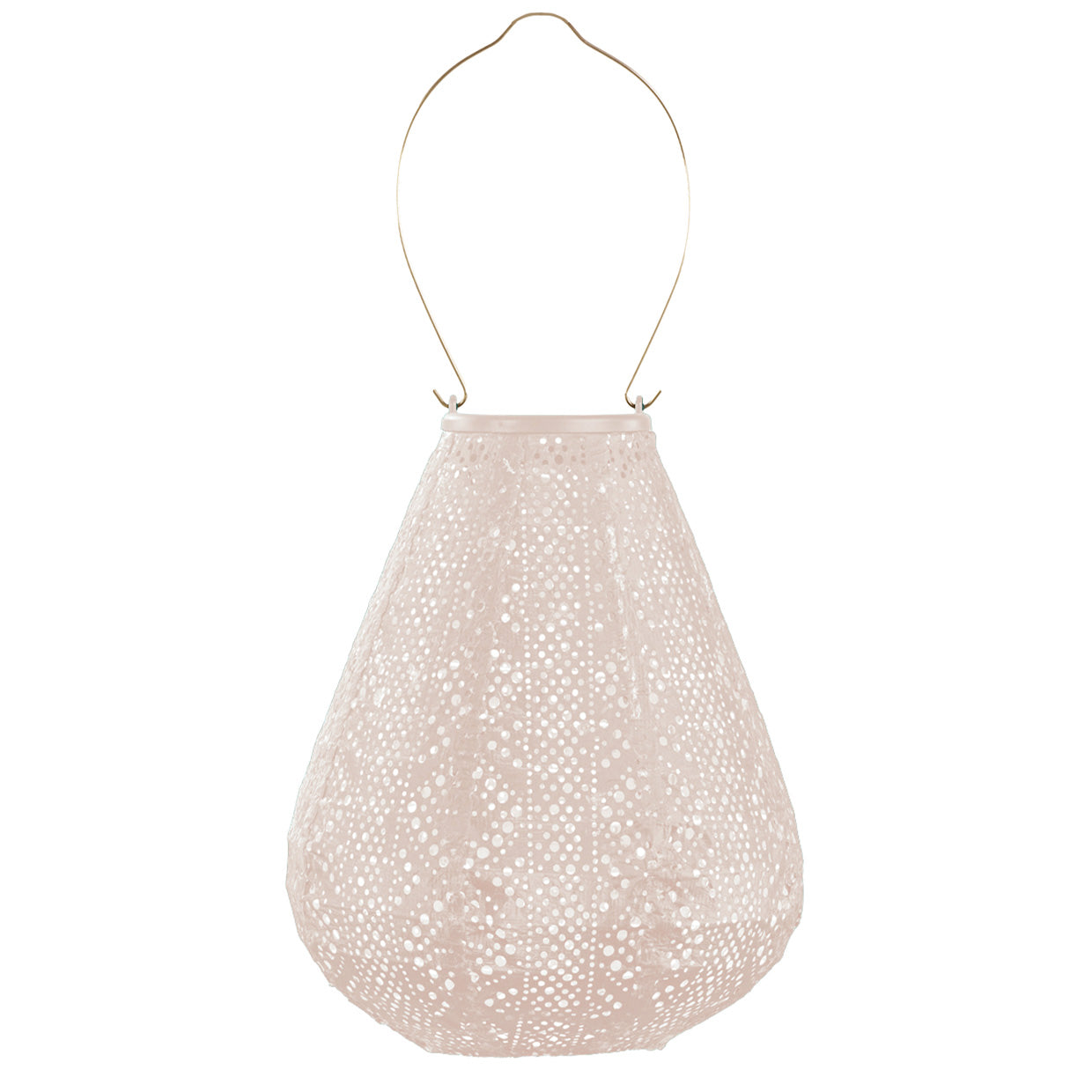 Lumiz solar lantern in a tulip shape and soft blush clolour with a lace design to filter soft light when it glows at night at Cerise