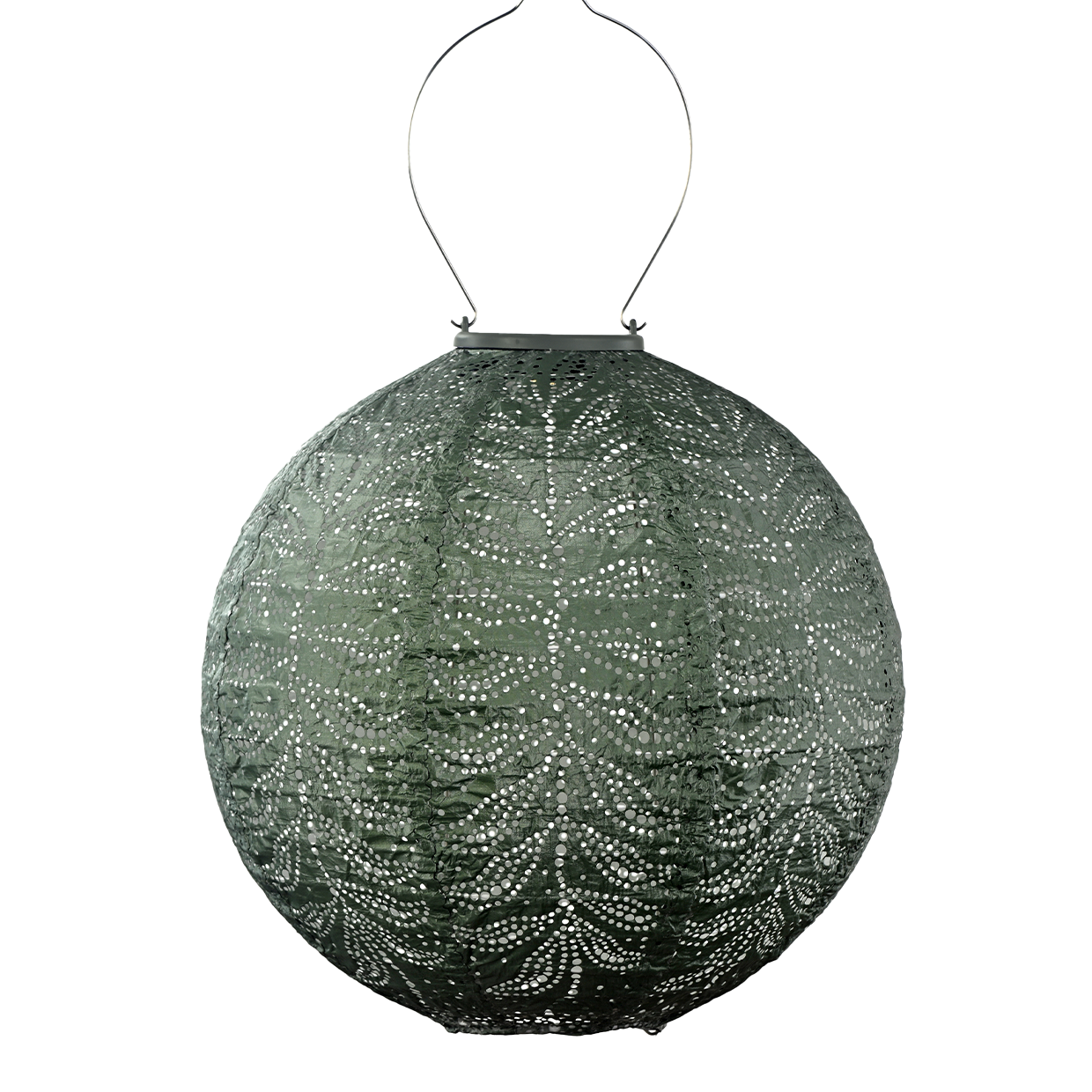 Lumiz solar lantern in sage green folia. Round shape measuring 30cm and has wire attached to hang from a tree or hook at Cerise