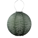 Lumiz solar lantern in sage green folia. Round shape measuring 30cm and has wire attached to hang from a tree or hook at Cerise