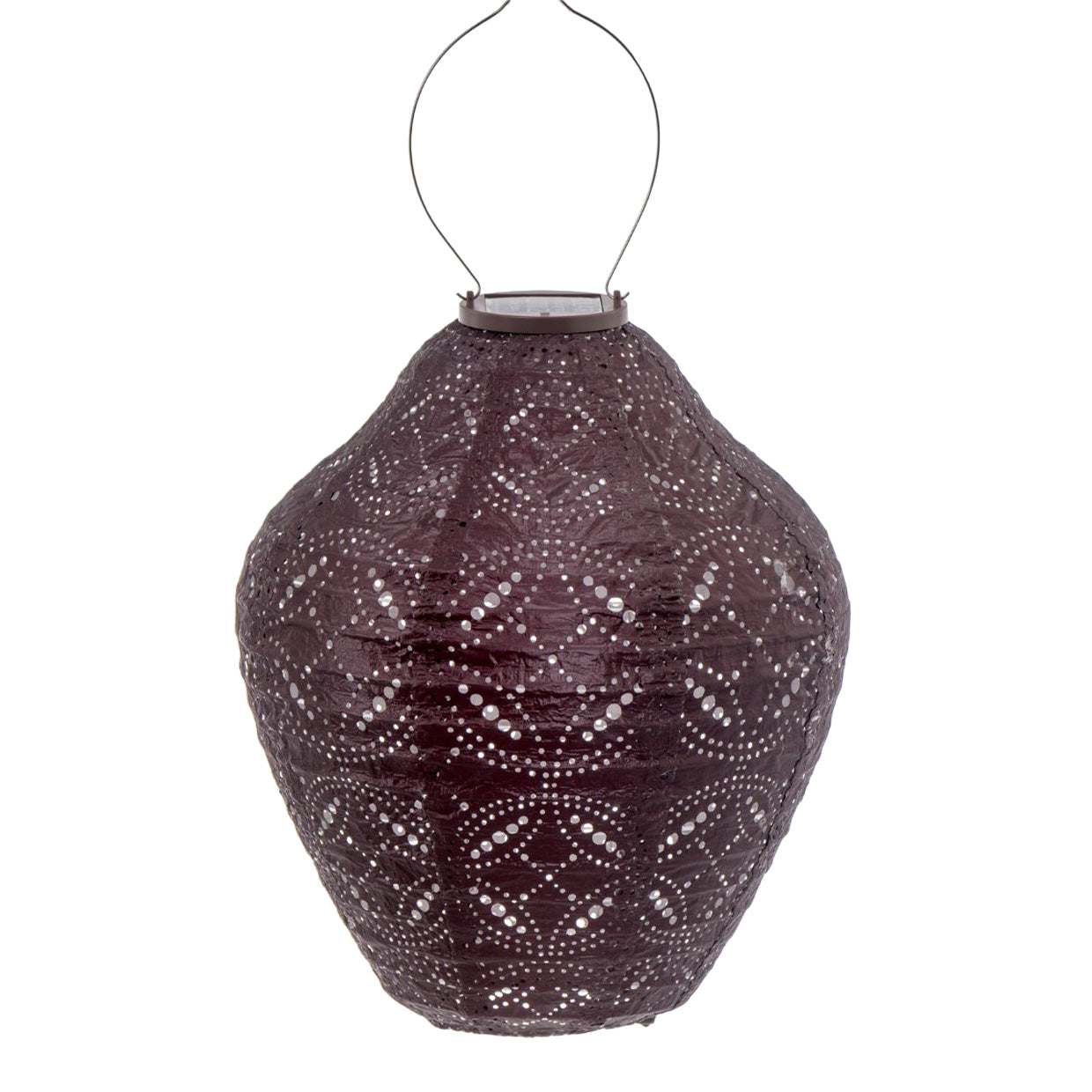 Hanging Lumiz Solar Lantern in a jar shape with wire to hang from a tree or a hook. Stunning new plum colour and features the mandela pattern. Made from hardwearing and weather reistant tyvek material at Cerise.
