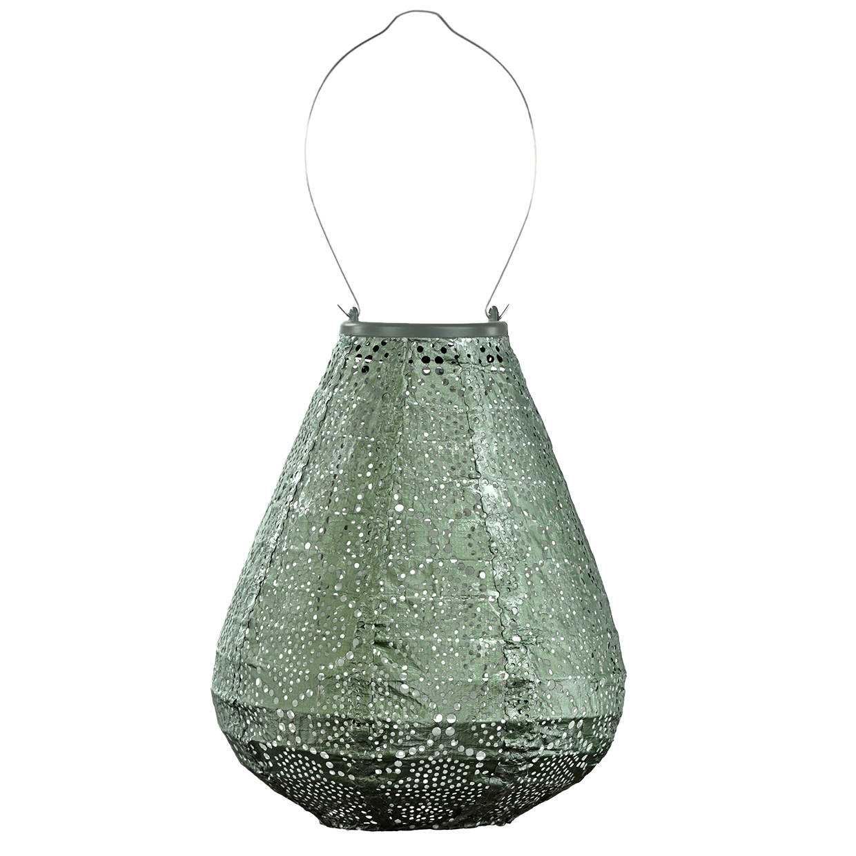 Hanging Lumiz solar lantern in a tulip shape and sage breen coloured tyvek material  Features the Bazaar pattern a stunning intricate design at Cerise 