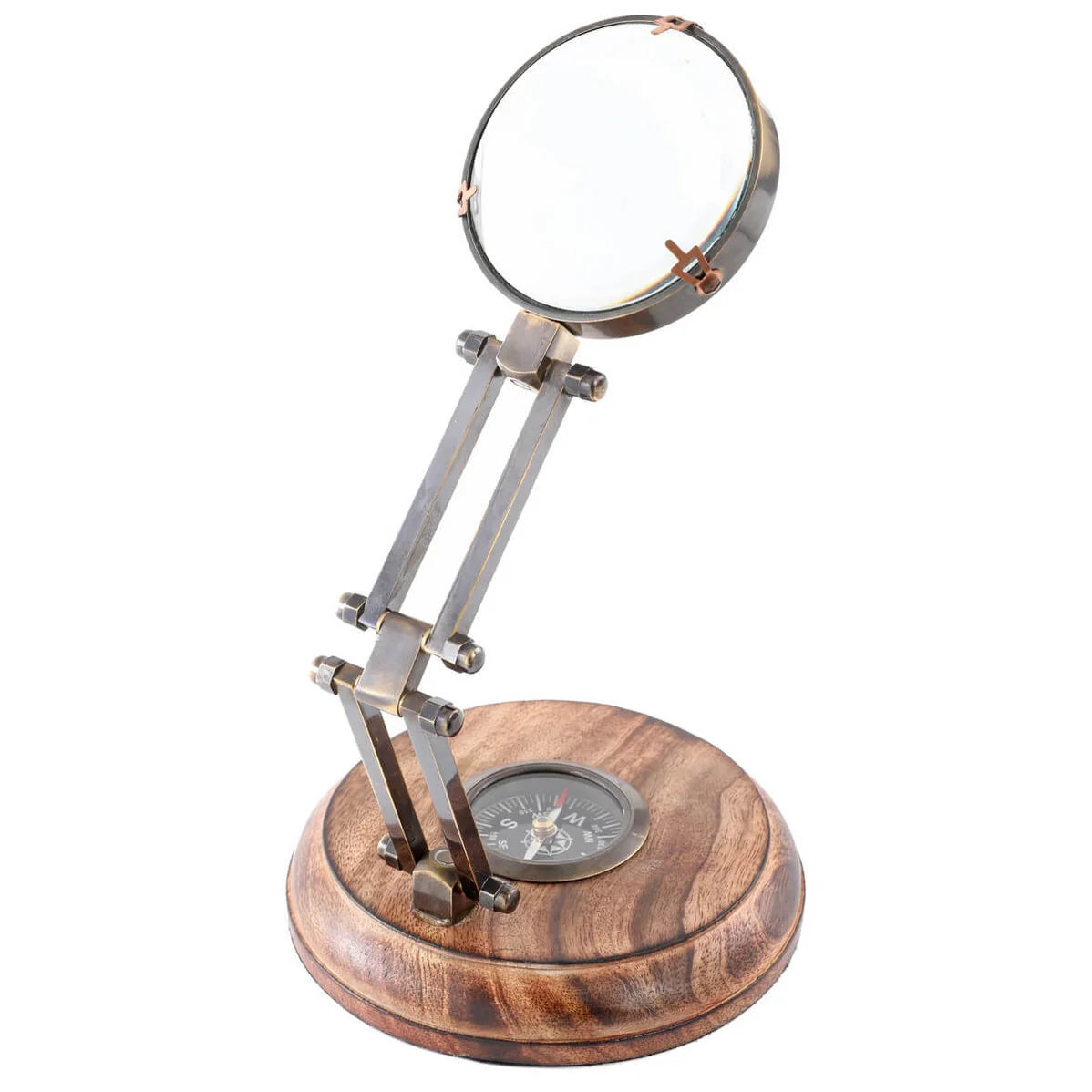 Magnifying Lens with compass on wooden base