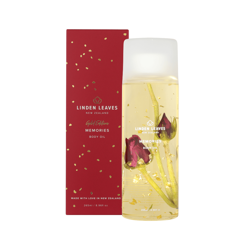 Memories Gold Edition Body oil by Linden Leaves  in a  265ml bottle, infused with 23K gold flakes and comes Gift Boxed at Cerise.