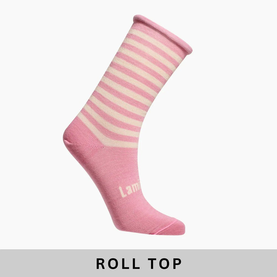 Pink sock with white stripes on a light gray background