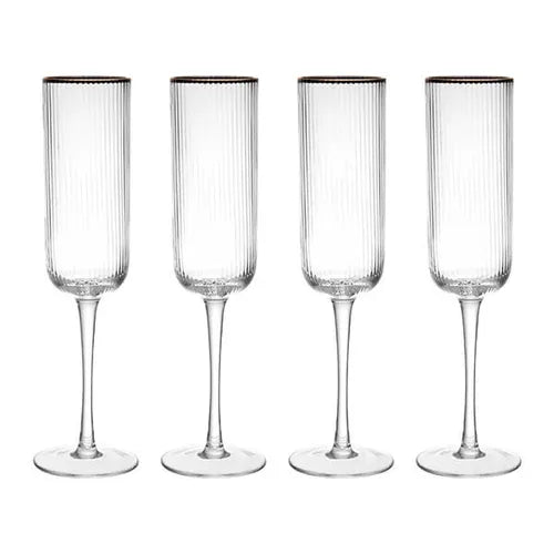 Sorrento ribbed glass and gold rimmed champagne flues set of 4