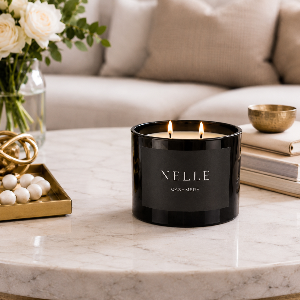 Millie Moo Nelle Cashmere soy wax candle with warm floral, vanilla, tonka bean, musk and cedarwood fragrance