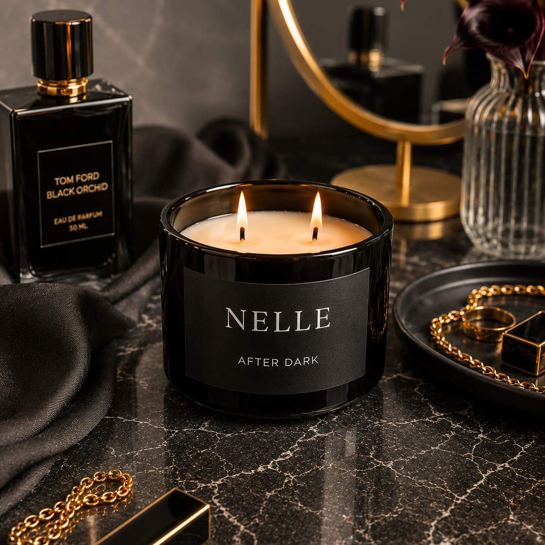 Millie Moo Nelle After Dark natural soy wax candle creating a warm, intimate evening atmosphere