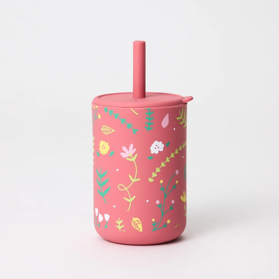 Over the Dandelions Garden Pink silicone Smoothie Cup at Cerise.  Made from food grade silicone, BPA free, easy to wash and perfect for little hands to hold.