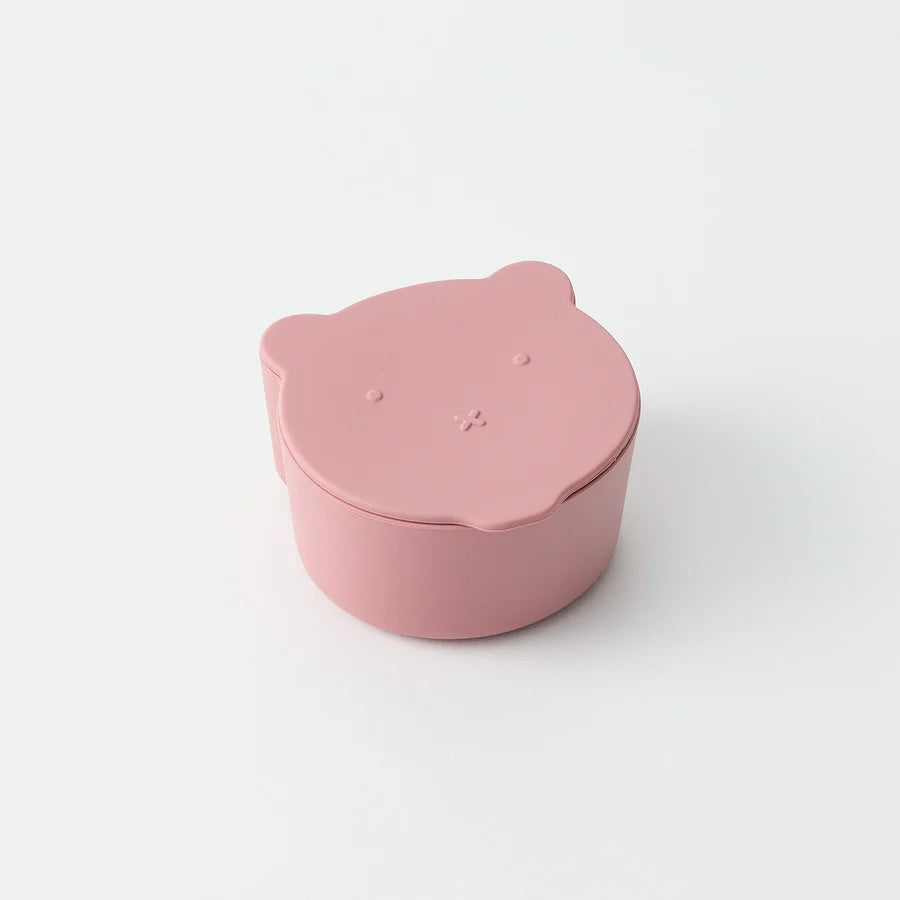 Over the dandelions Mini Bear Snack Box in Pink at Cerise.  Made from food grade silicone, BPA free, soft for little hands and easy to wash,