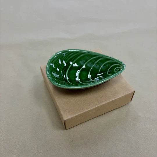 Green mussel shaped ceramic bowl on a plain background