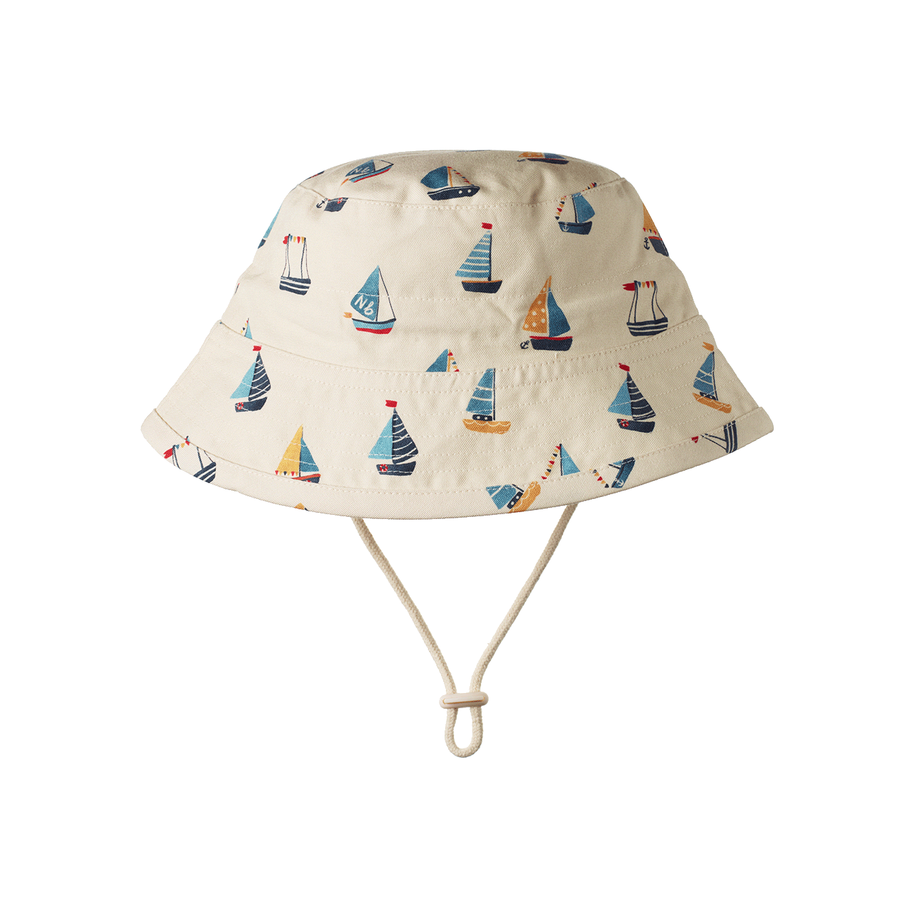 Bucket hat with sailboat pattern on a white background