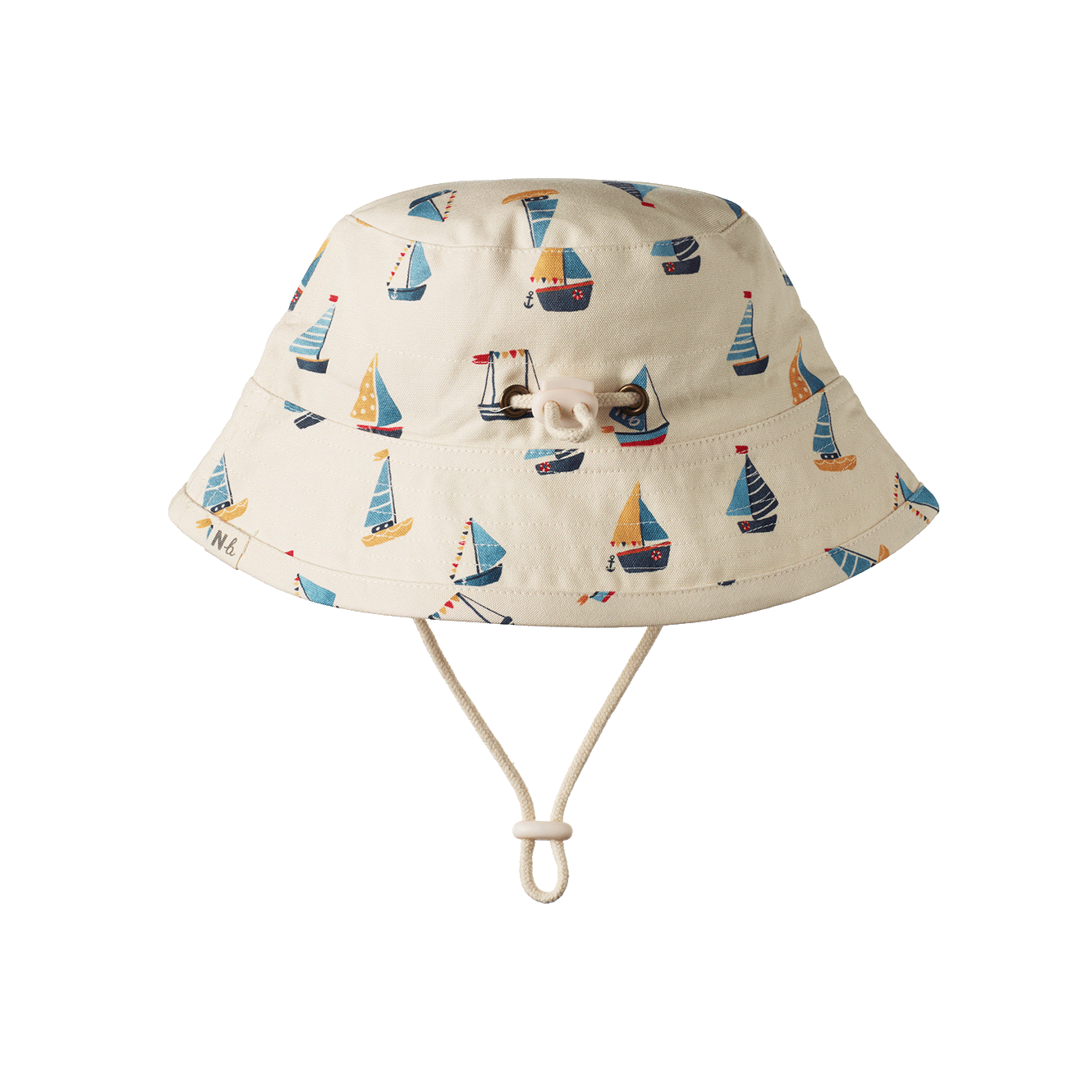 Beige sun hat with sailboat pattern on a white background showing adjustable toggle drawstring
