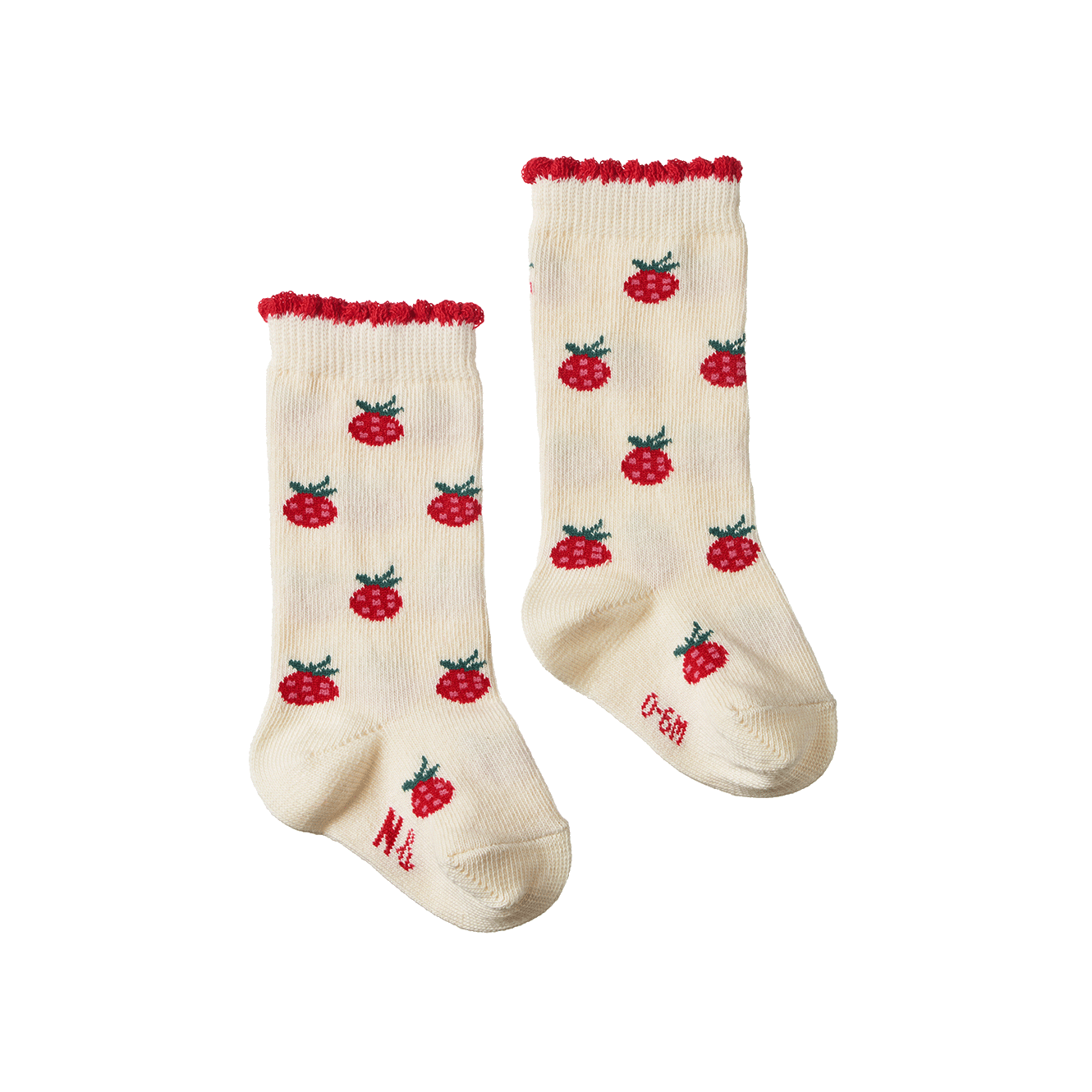 Pair of cream socks with red raspberry pattern on a white background