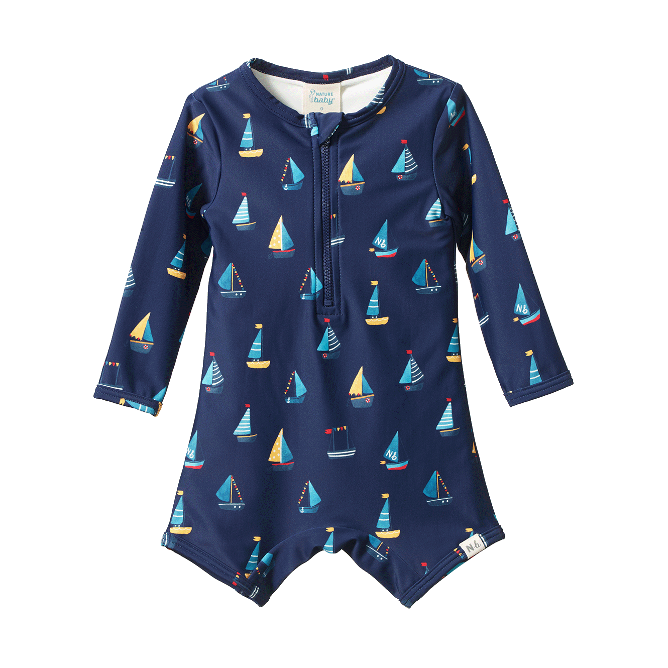 Navy blue  with yacht print long sleeved swimsuit - unisex