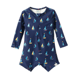 Navy blue  with yacht print long sleeved swimsuit - unisex