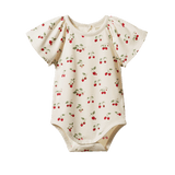 Baby onesie with cherry pattern on a white background