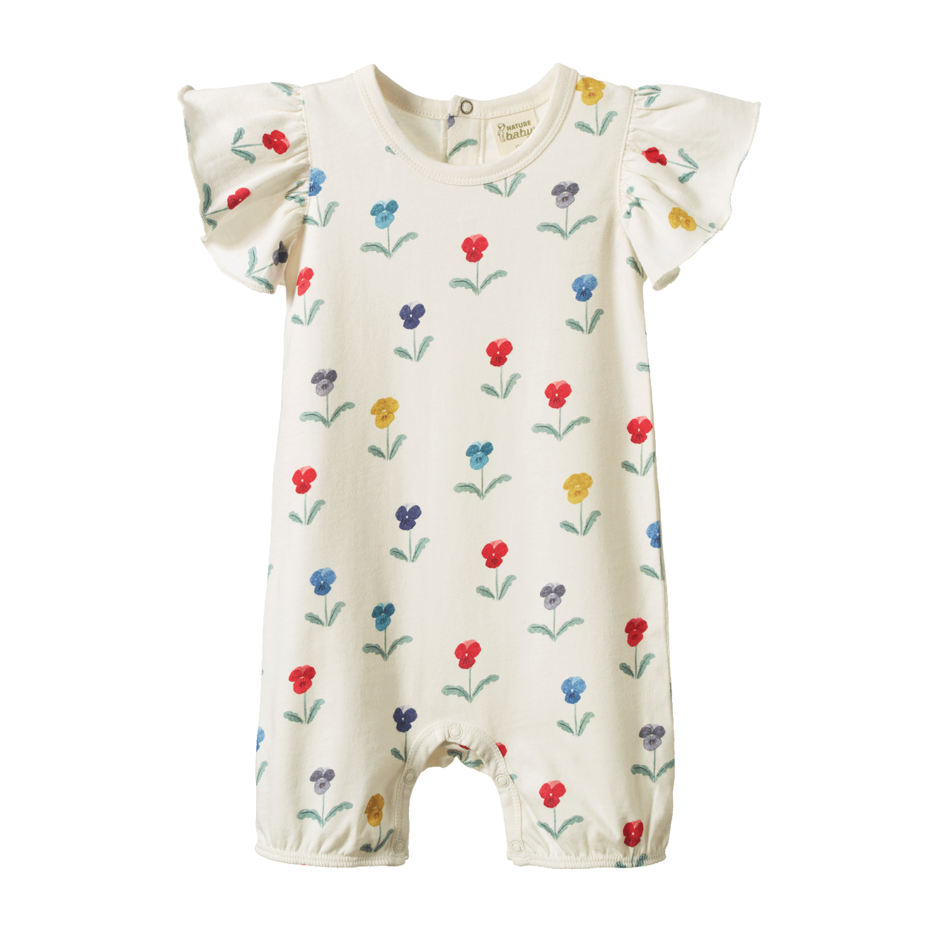 Tilly bodysuit with short legs and flutter sleeves in a floral print on a natural background - Front view