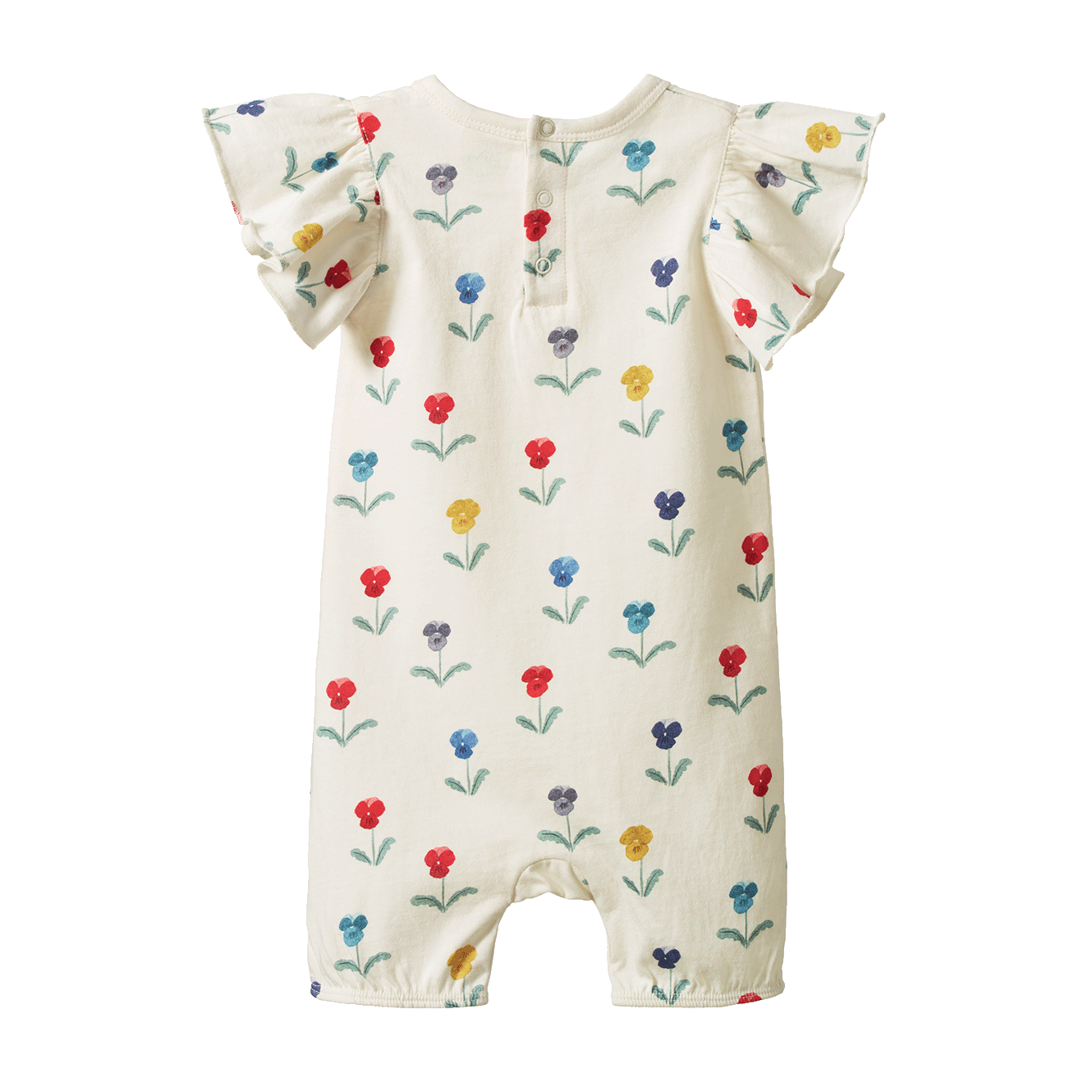 Tilly bodysuit with short legs and flutter sleeves in a floral print on a natural background - back view