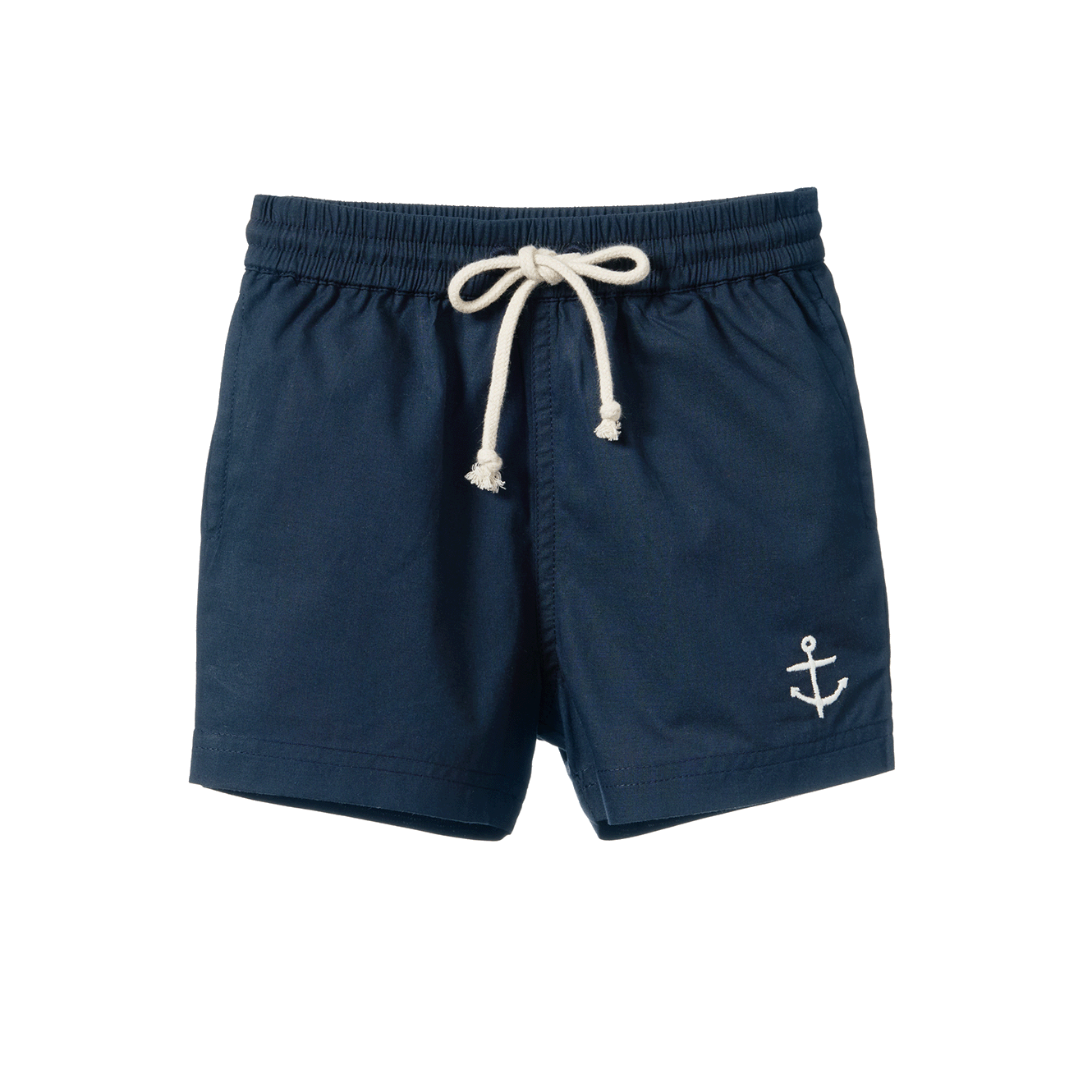 Navy blue shorts with a white anchor emblem on a white background