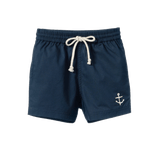 Navy blue shorts with a white anchor emblem on a white background