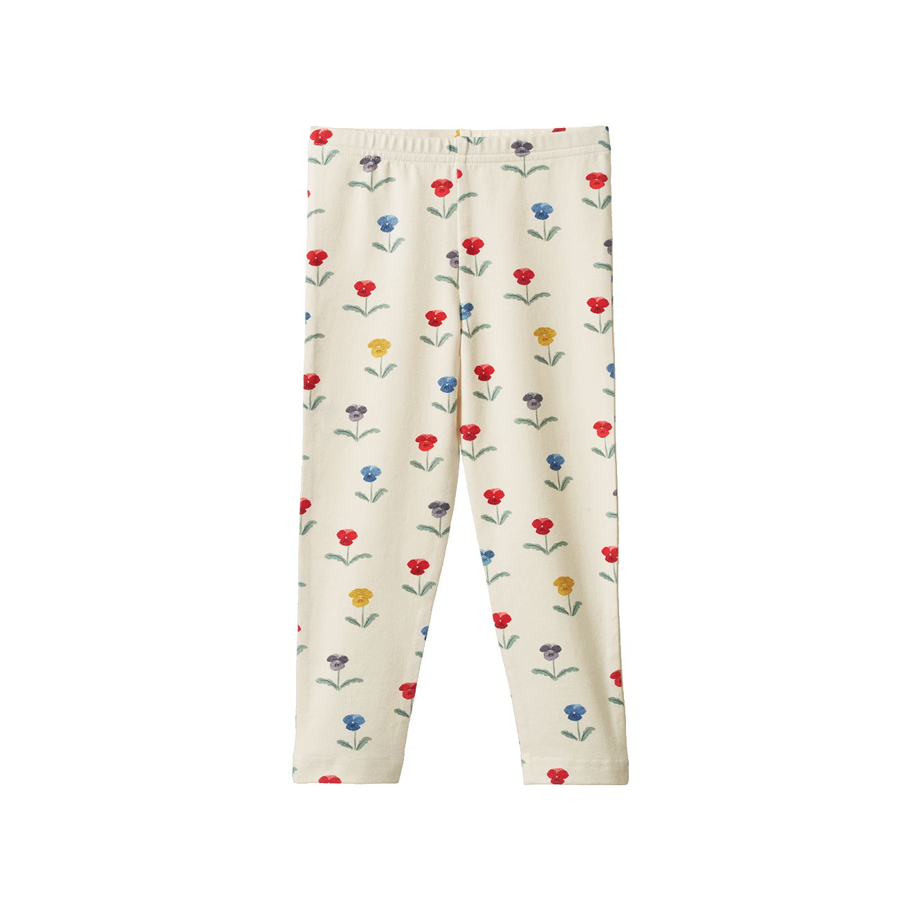 Delphine Blooms leggings with a natural background and blue red and yellow flower print