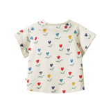 Short-sleeve shirt with colorful floral pattern on a white background
