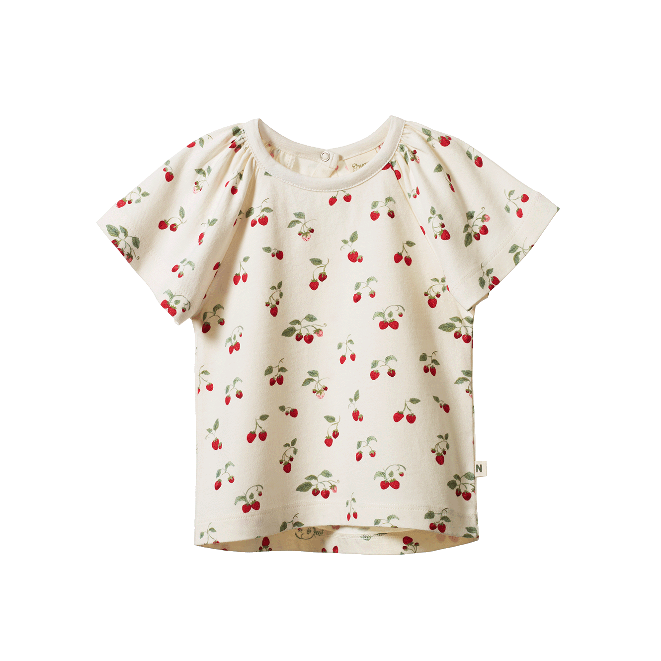 White based short sleeved tee with red cherry print and flutter sleeves - front view
