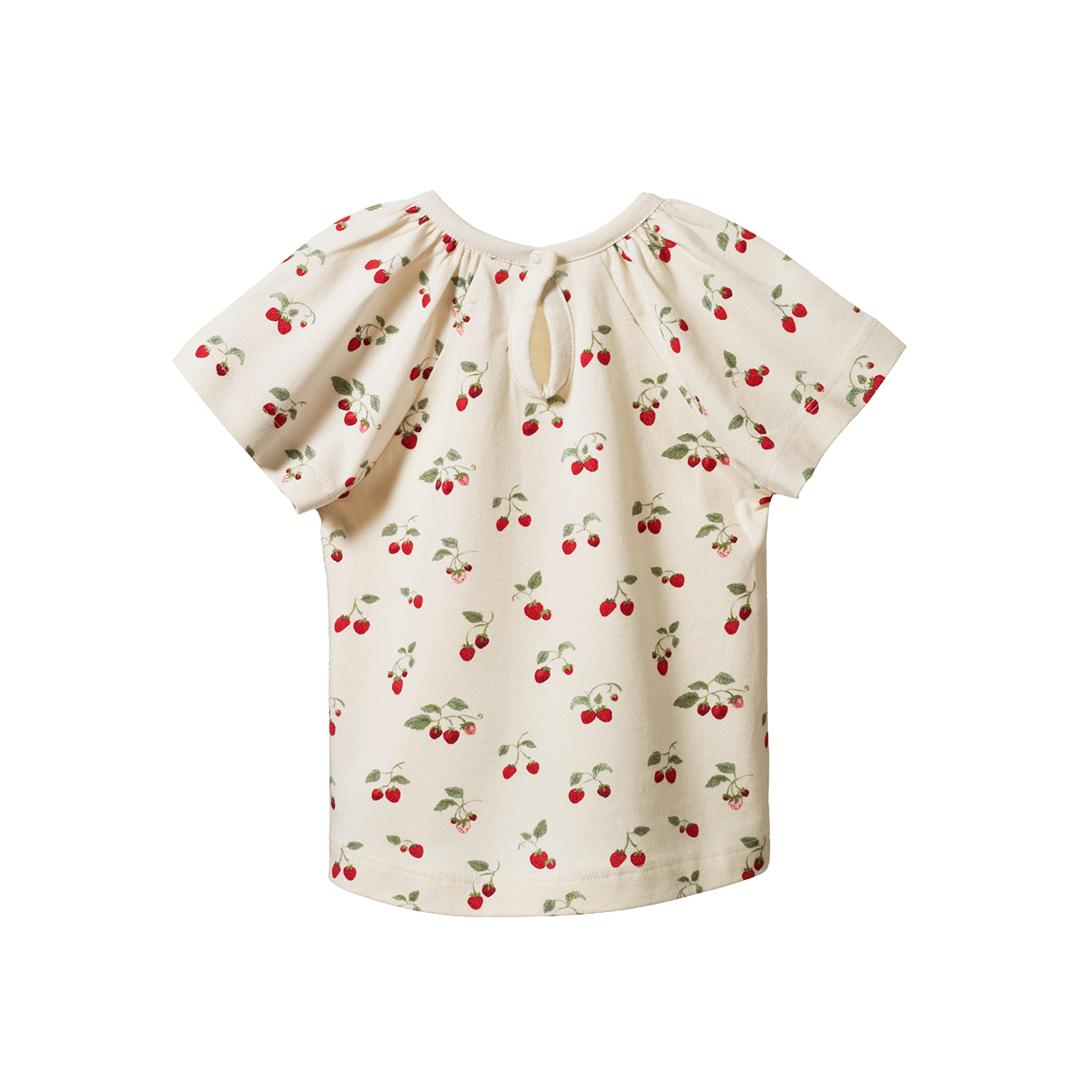White based short sleeved tee with red cherry print and flutter sleeves - back view