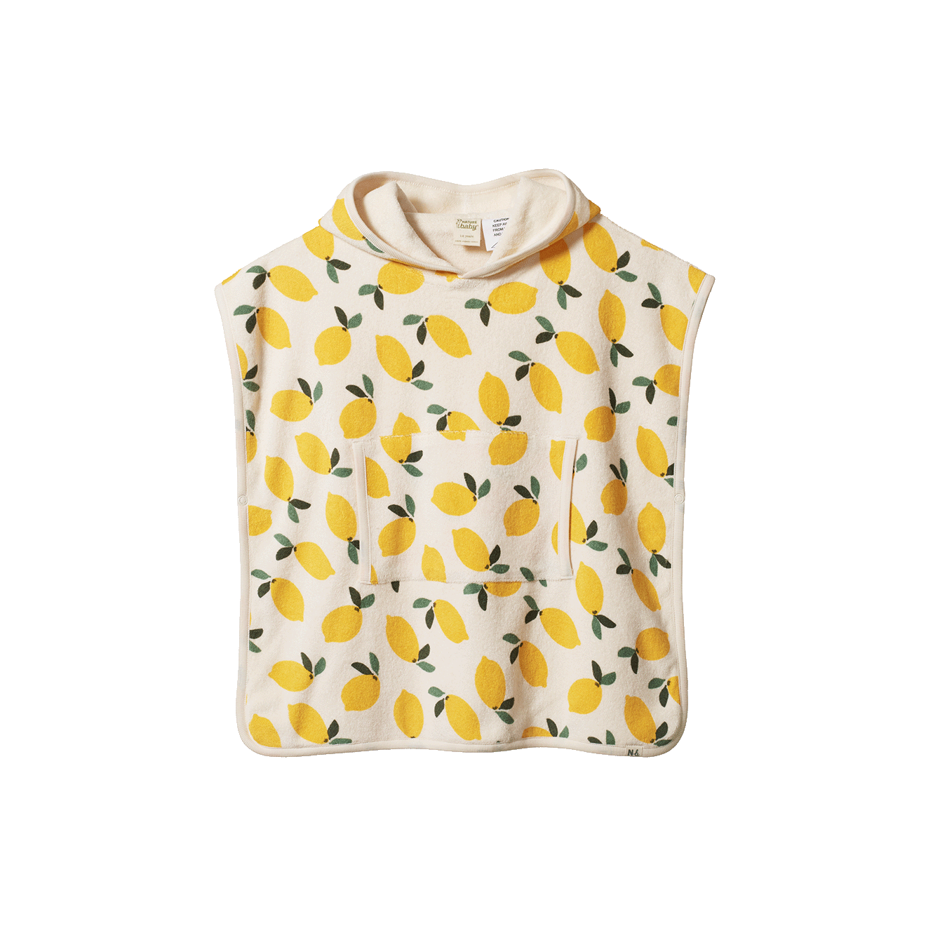 Baby poncho with lemon pattern on a white background