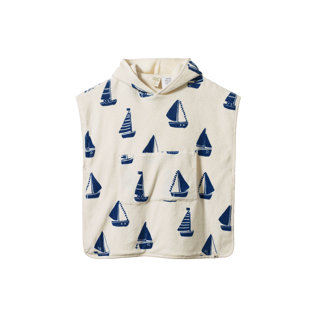 Children's hooded towel with blue sailboat pattern on a white background