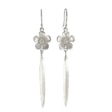 Silver NZ Manuka flower earrings on hook with a flax leaf drop