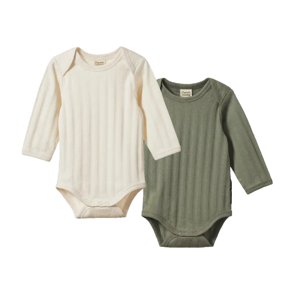 Nature Baby 2 pack derby long sleeved bodysit at Cerise.  Includes 1 each in natural and nettle colour. 