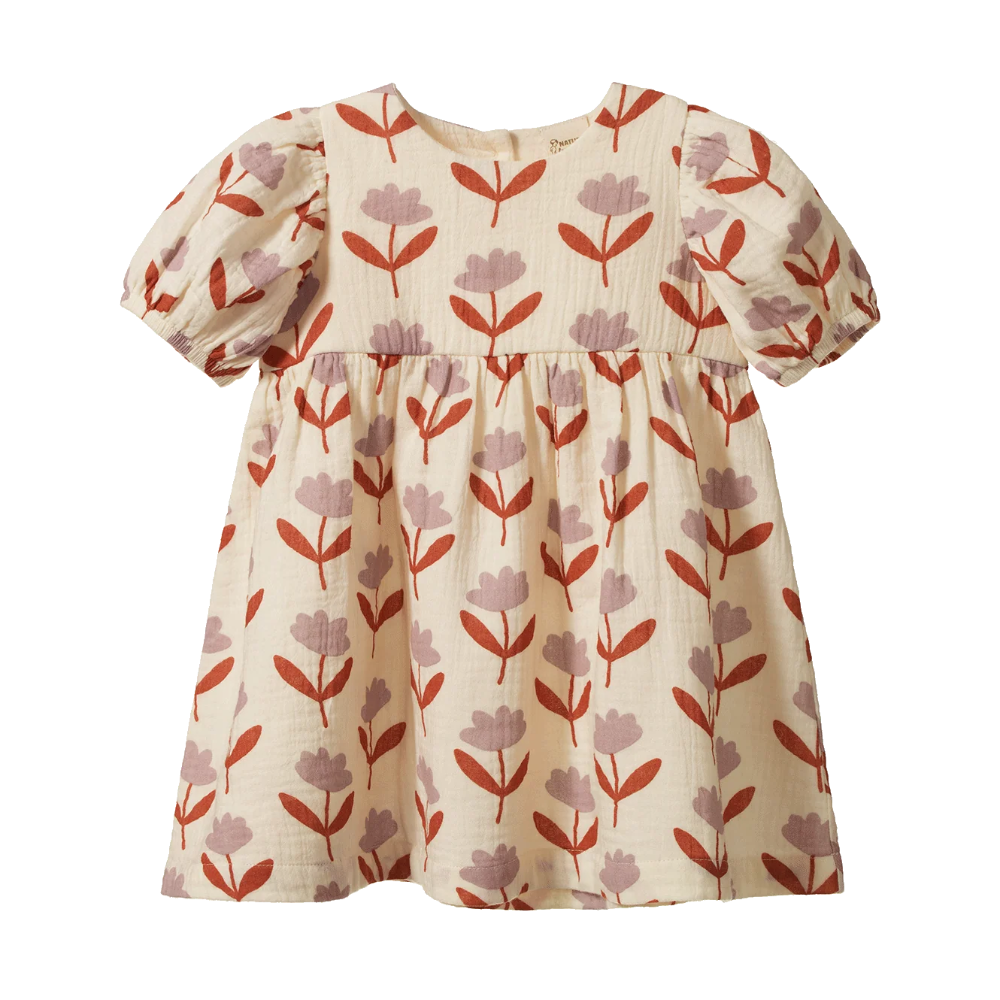 Nature Baby Albertine Dress in a soft muslin fleurette print at Cerise