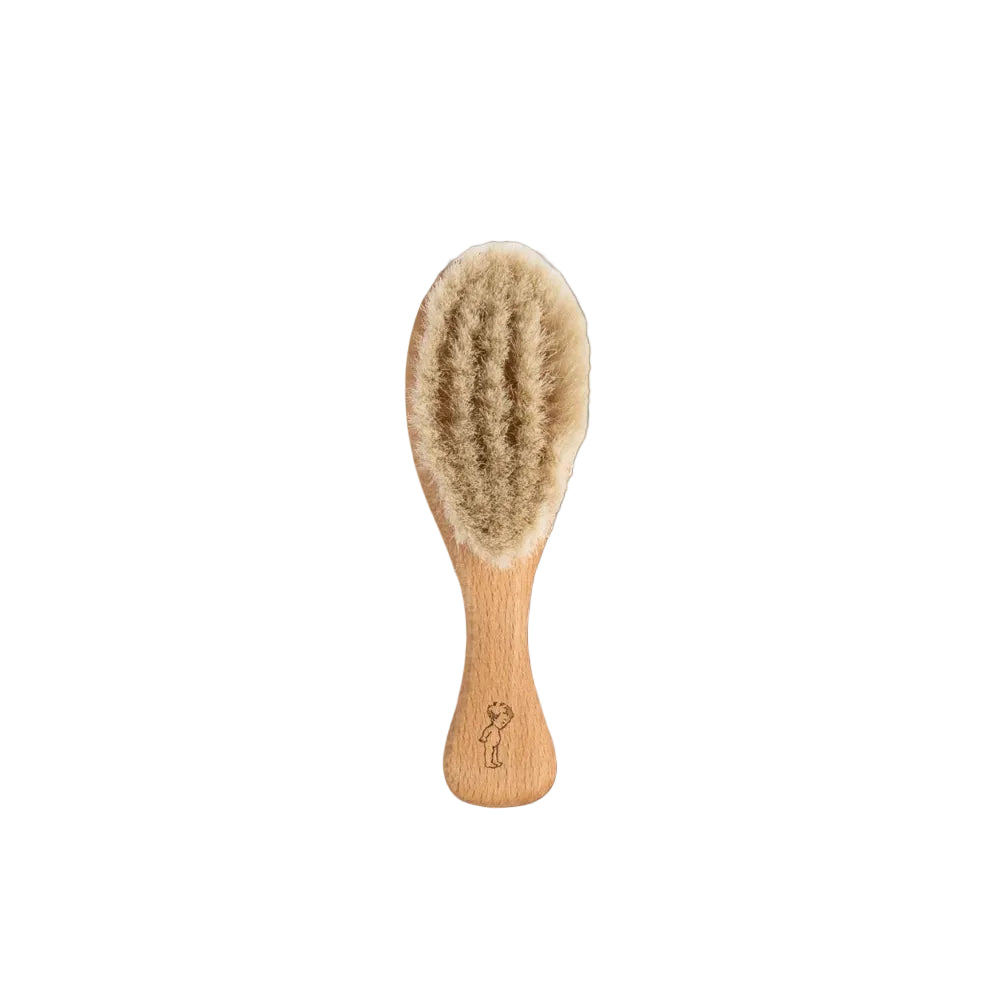 Nature Baby Hairbrush at Cerise.  Made from sustainable wood and goats har bristles for softness on babies dilicate hair.   A practical newborn baby gift.