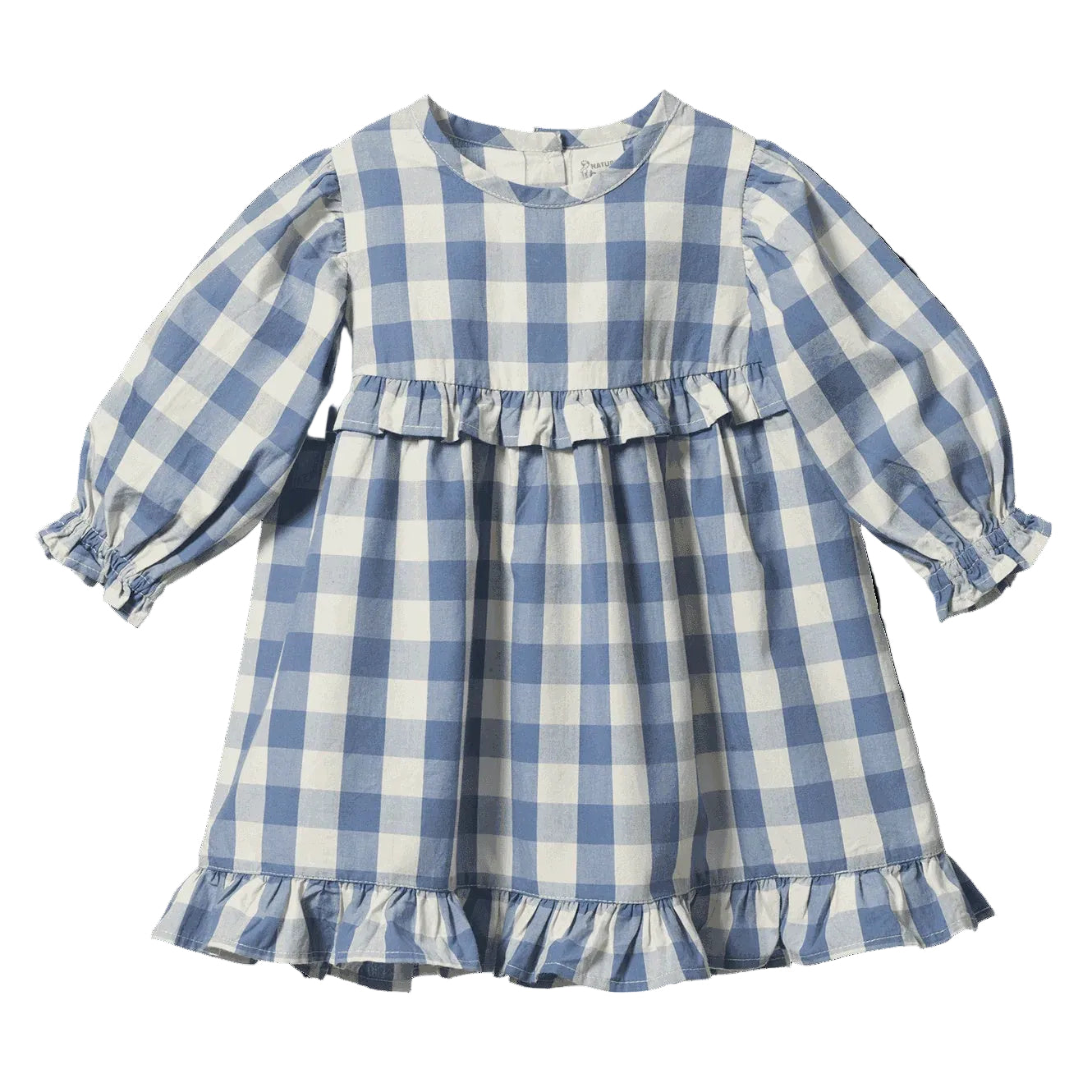 Long Sleeved Check Nora Dress in Bluebelle colour with long sleeves, frilled cuff, bodice and hem at Cerise