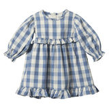 Long Sleeved Check Nora Dress in Bluebelle colour with long sleeves, frilled cuff, bodice and hem at Cerise
