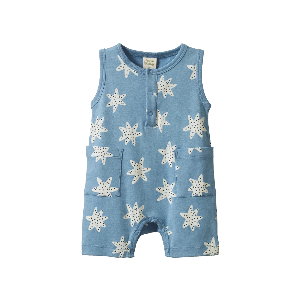 Nature Baby Camper Suit in Sea Stars Print at Cerise.  All in one suit for baby with easy to open crotch domes.