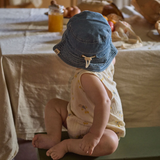 Nature Baby Cedar suit in soft cotton muslin with button front at Cerise.  Cute  all over Fish fable print.