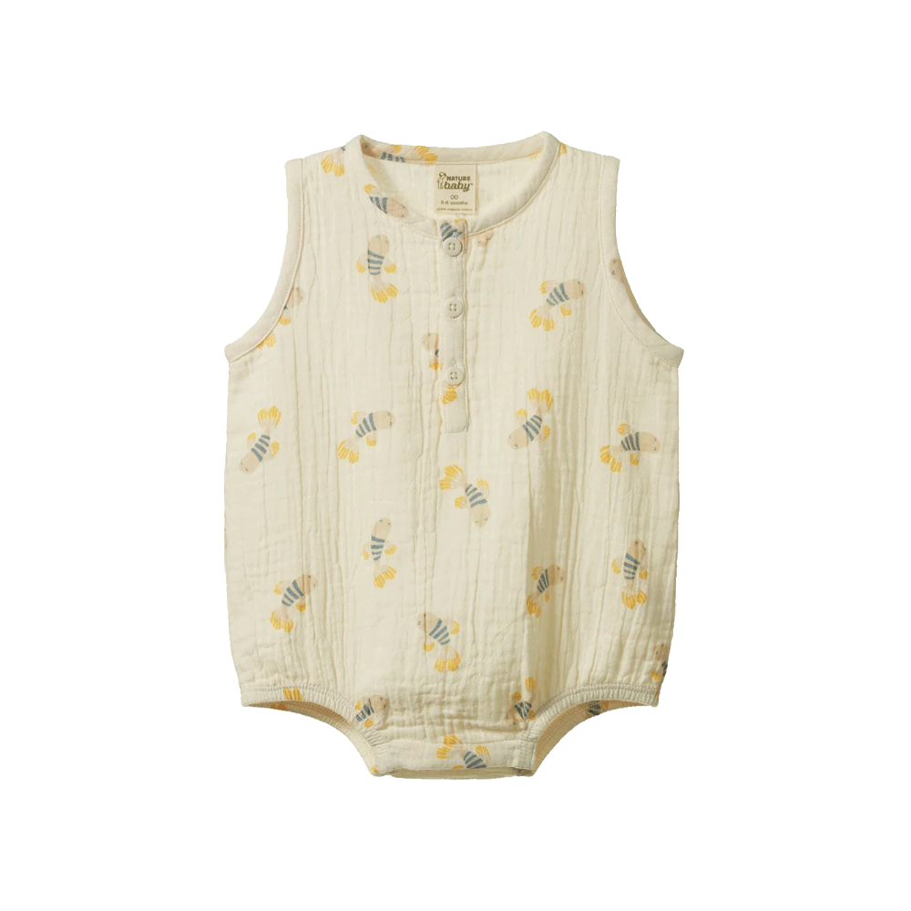 Nature Baby Cedar suit in soft cotton muslin with button front at Cerise.  Cute  all over Fish fable print.