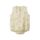 Nature Baby Cedar suit in soft cotton muslin with button front at Cerise.  Cute  all over Fish fable print.